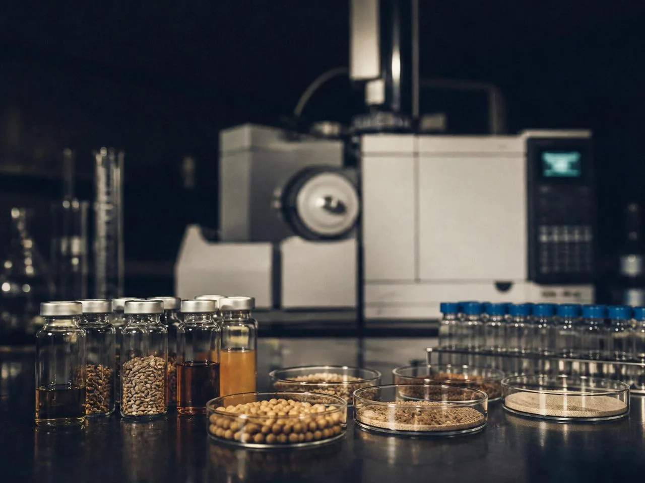 Food safety laboratory bench with sample vials, petri dishes, and a GC-MS instrument