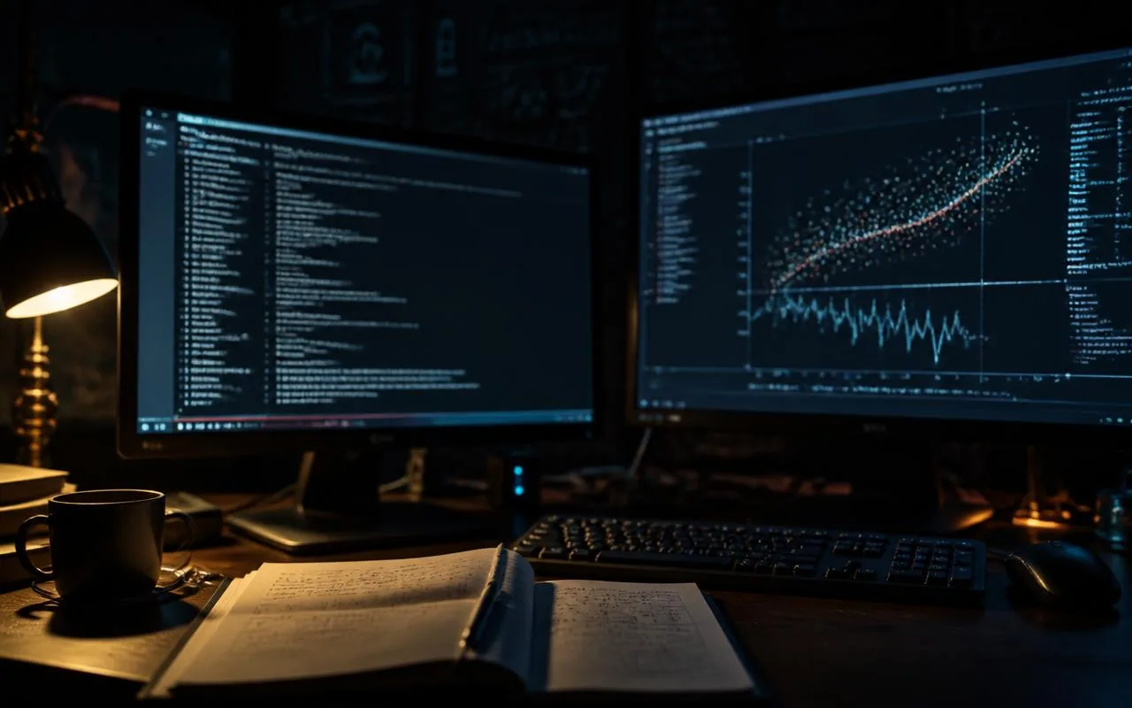 Dark workspace with a terminal running an analysis pipeline beside a data plot