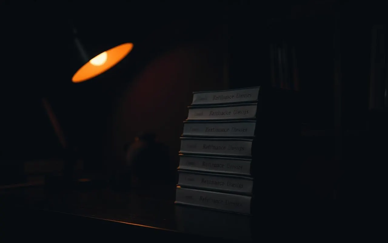 Stack of hardcover reference volumes lit by a single desk lamp